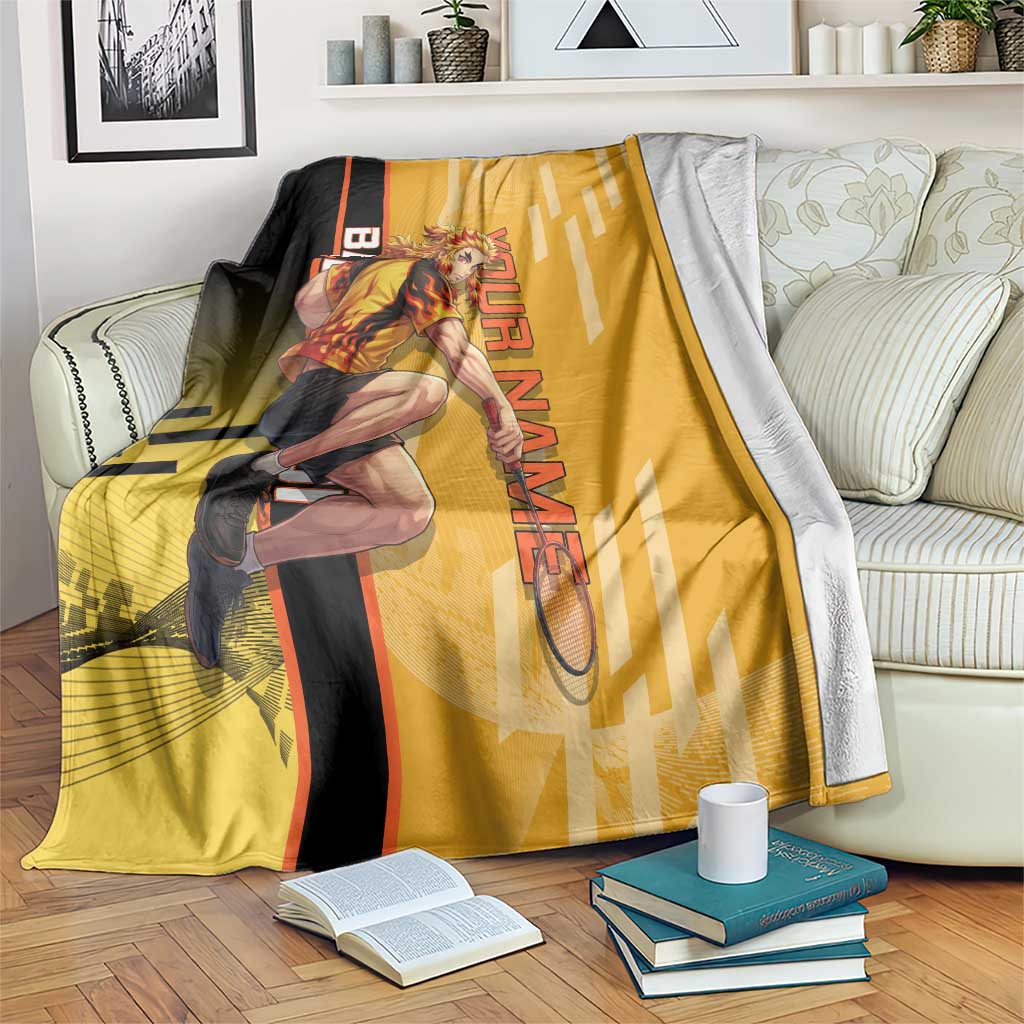 Personalized Rengoku Anime Badminton Theme Blanket with Racket Action Pose and Fiery Yellow Black Graphic Design - The Mazicc