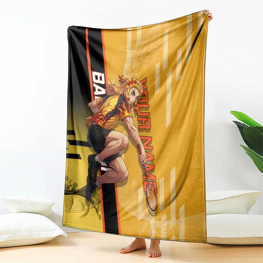 Personalized Rengoku Anime Badminton Theme Blanket with Racket Action Pose and Fiery Yellow Black Graphic Design - The Mazicc