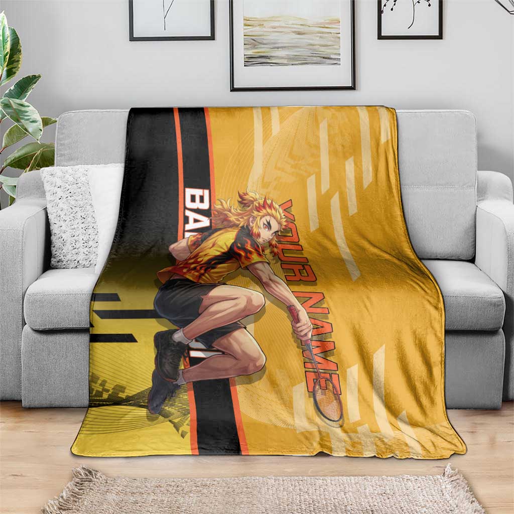 Personalized Rengoku Anime Badminton Theme Blanket with Racket Action Pose and Fiery Yellow Black Graphic Design - The Mazicc
