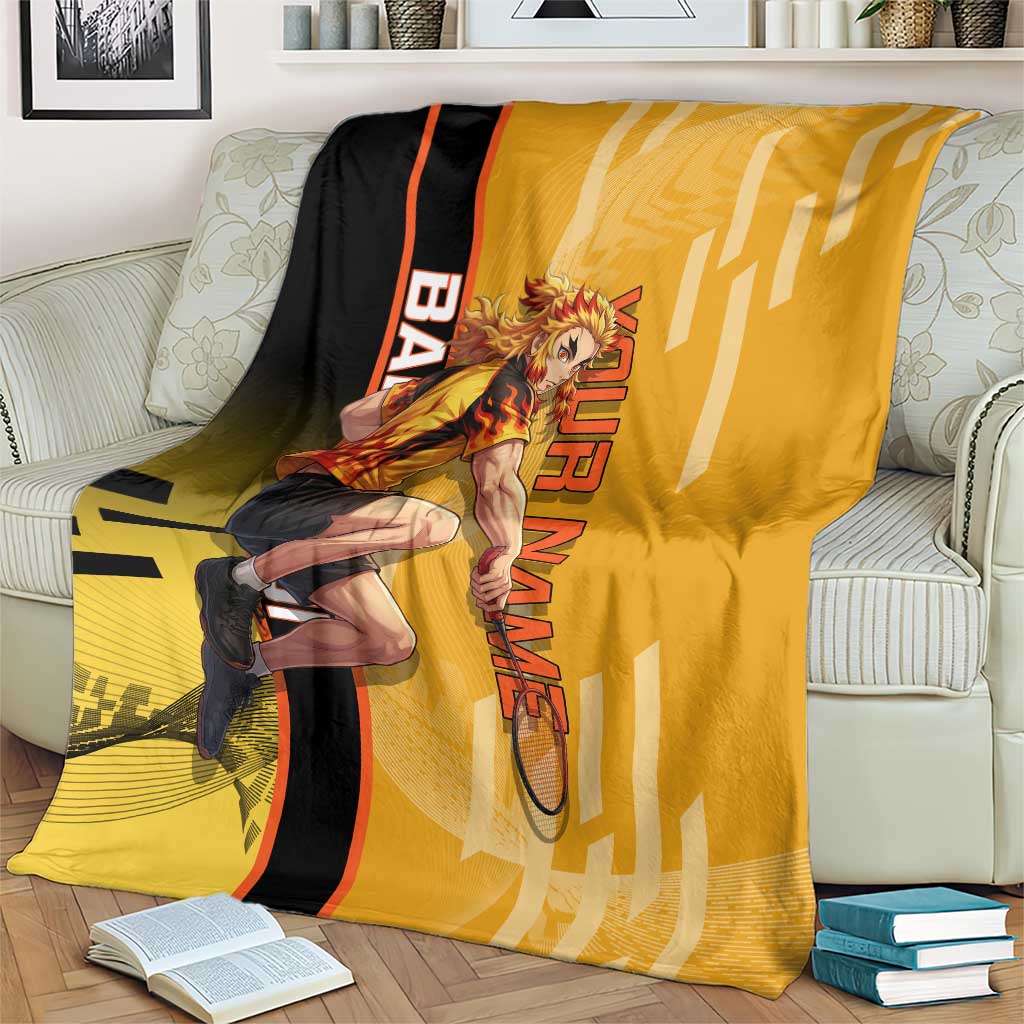 Personalized Rengoku Anime Badminton Theme Blanket with Racket Action Pose and Fiery Yellow Black Graphic Design - The Mazicc