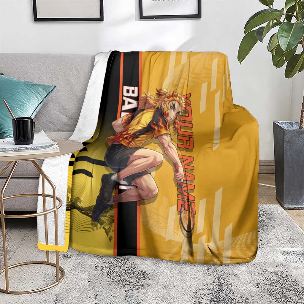 Personalized Rengoku Anime Badminton Theme Blanket with Racket Action Pose and Fiery Yellow Black Graphic Design - The Mazicc