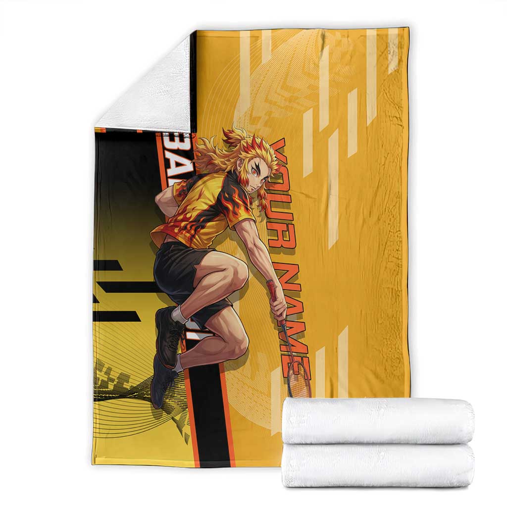 Personalized Rengoku Anime Badminton Theme Blanket with Racket Action Pose and Fiery Yellow Black Graphic Design - The Mazicc