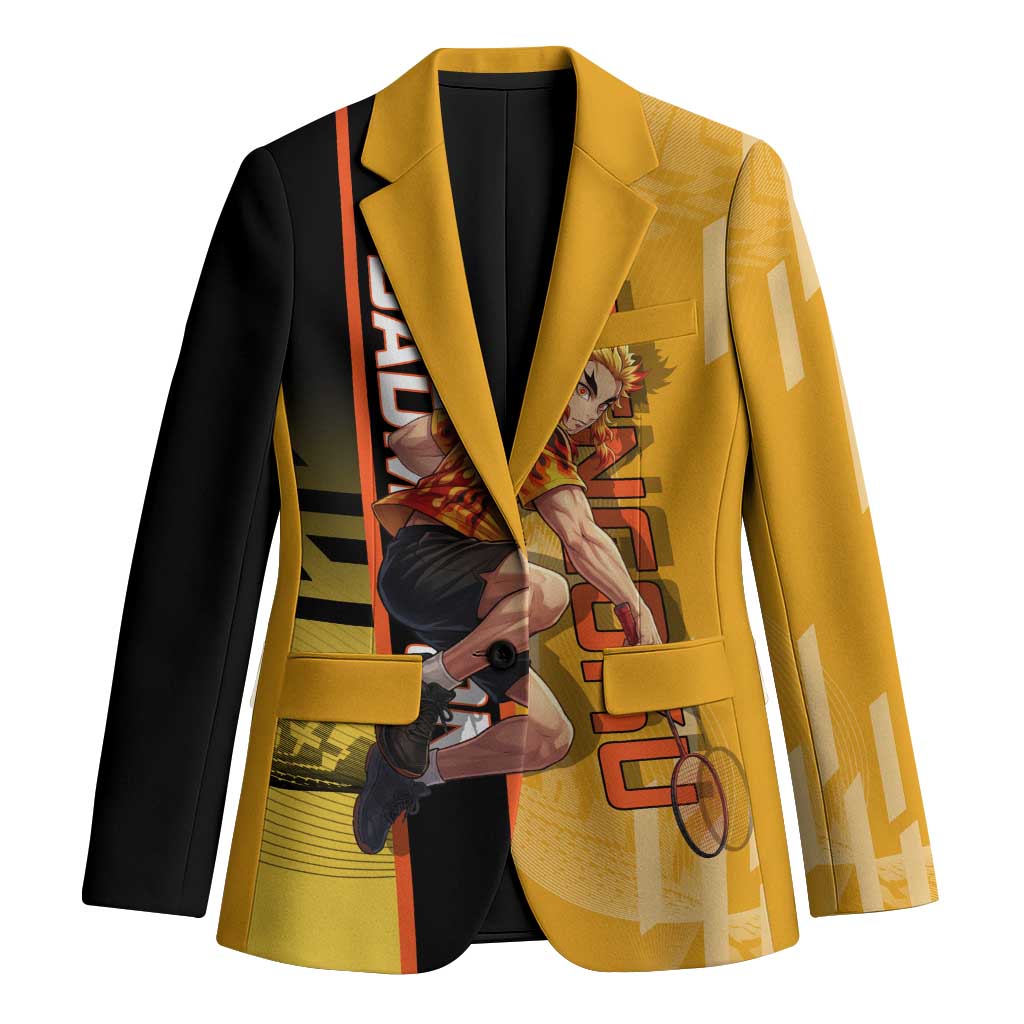 Personalized Rengoku Anime Badminton Theme Blazer with Racket Action Pose and Fiery Yellow Black Graphic Design - The Mazicc