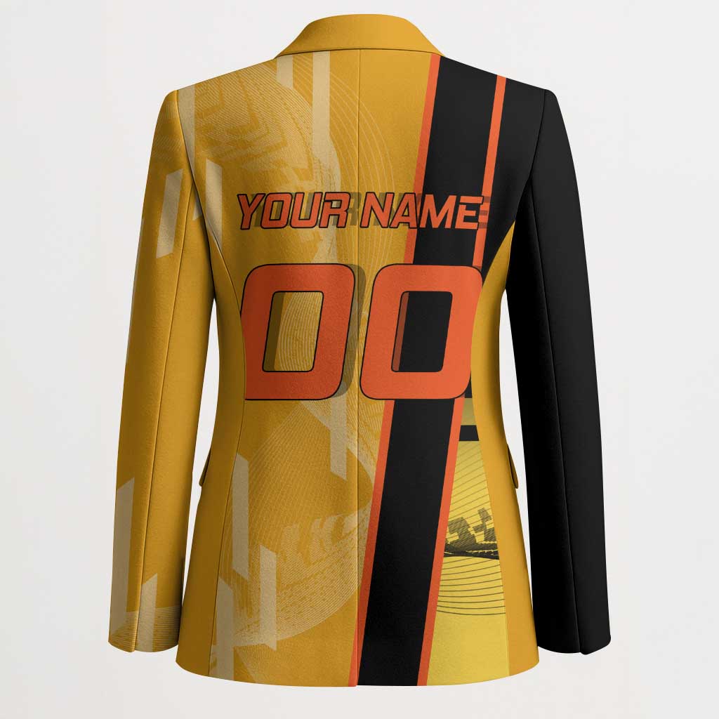 Personalized Rengoku Anime Badminton Theme Blazer with Racket Action Pose and Fiery Yellow Black Graphic Design - The Mazicc