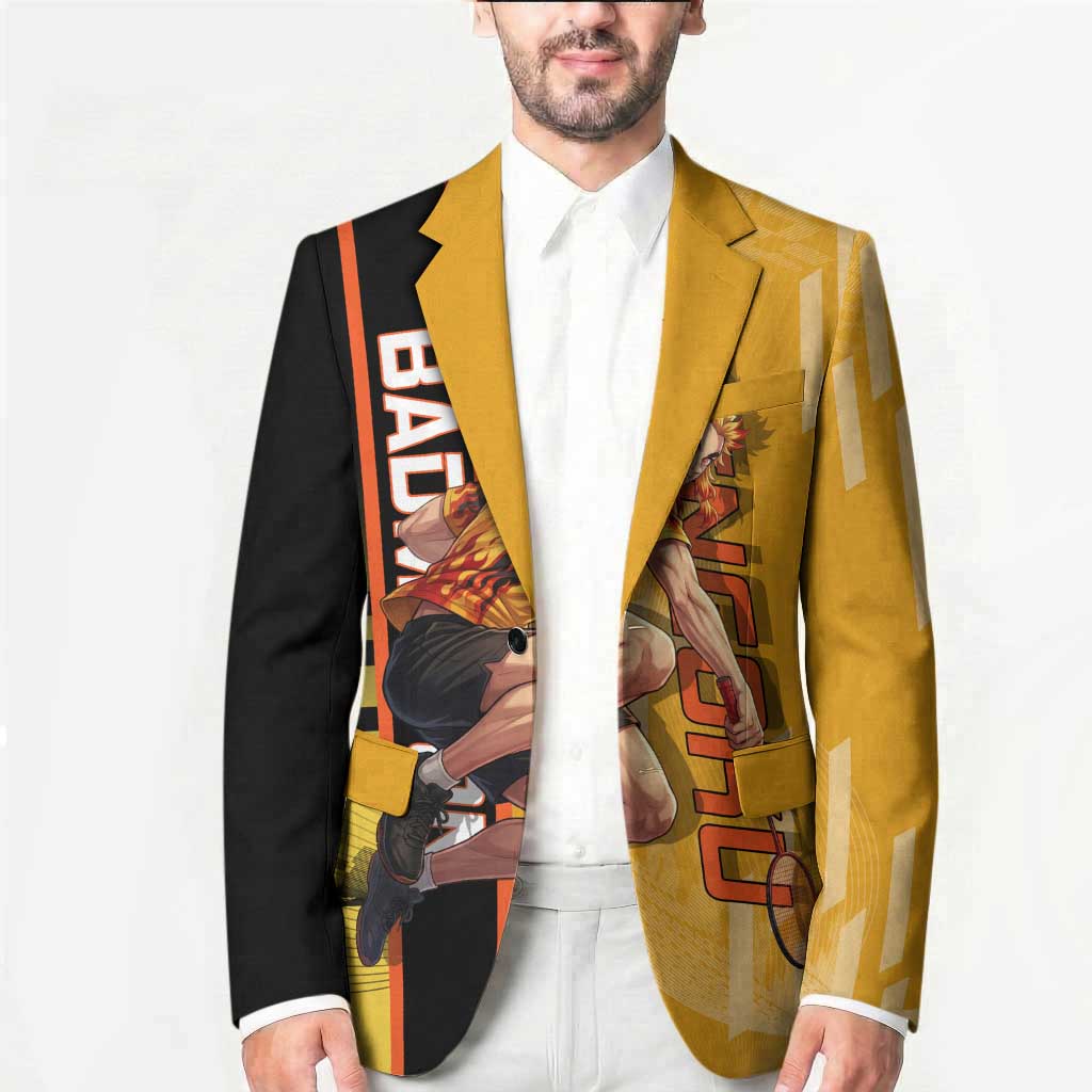 Personalized Rengoku Anime Badminton Theme Blazer with Racket Action Pose and Fiery Yellow Black Graphic Design - The Mazicc