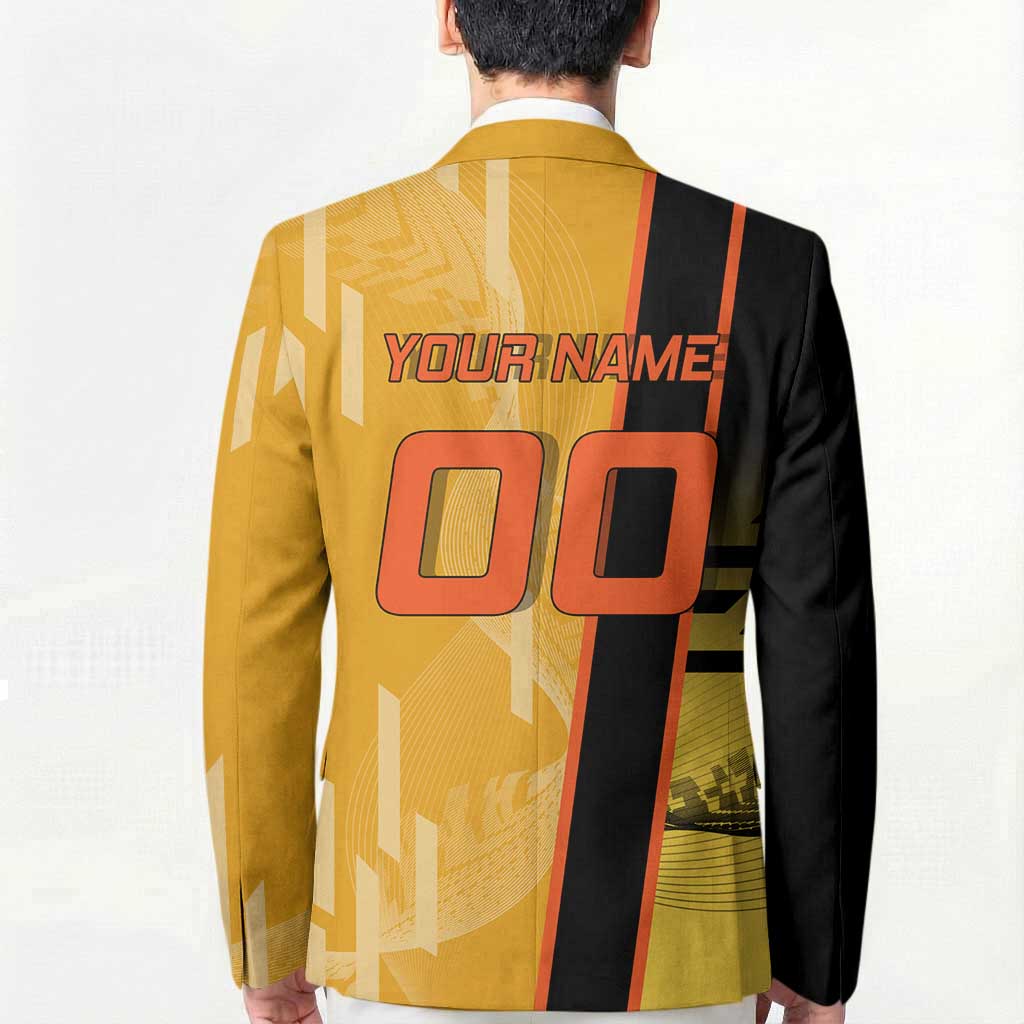Personalized Rengoku Anime Badminton Theme Blazer with Racket Action Pose and Fiery Yellow Black Graphic Design - The Mazicc