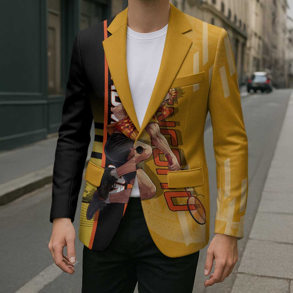Personalized Rengoku Anime Badminton Theme Blazer with Racket Action Pose and Fiery Yellow Black Graphic Design - The Mazicc
