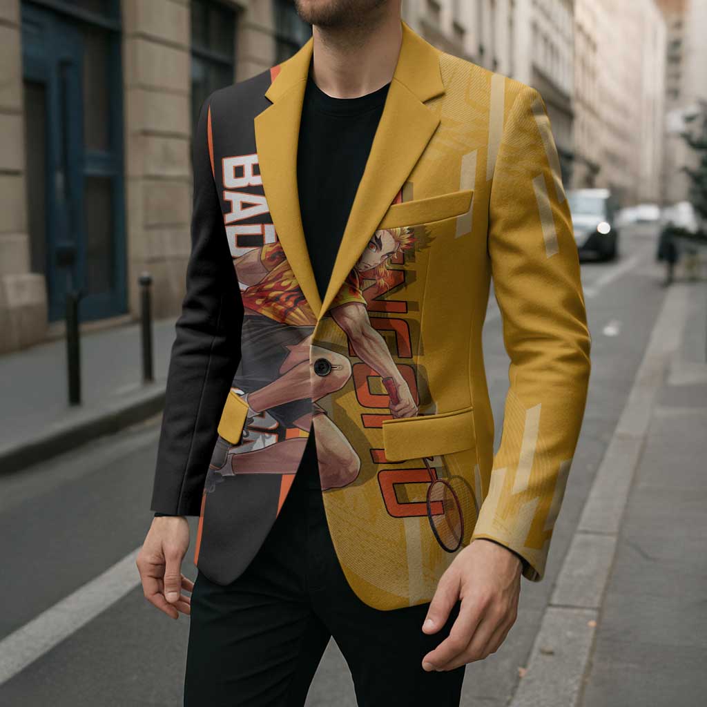 Personalized Rengoku Anime Badminton Theme Blazer with Racket Action Pose and Fiery Yellow Black Graphic Design - The Mazicc