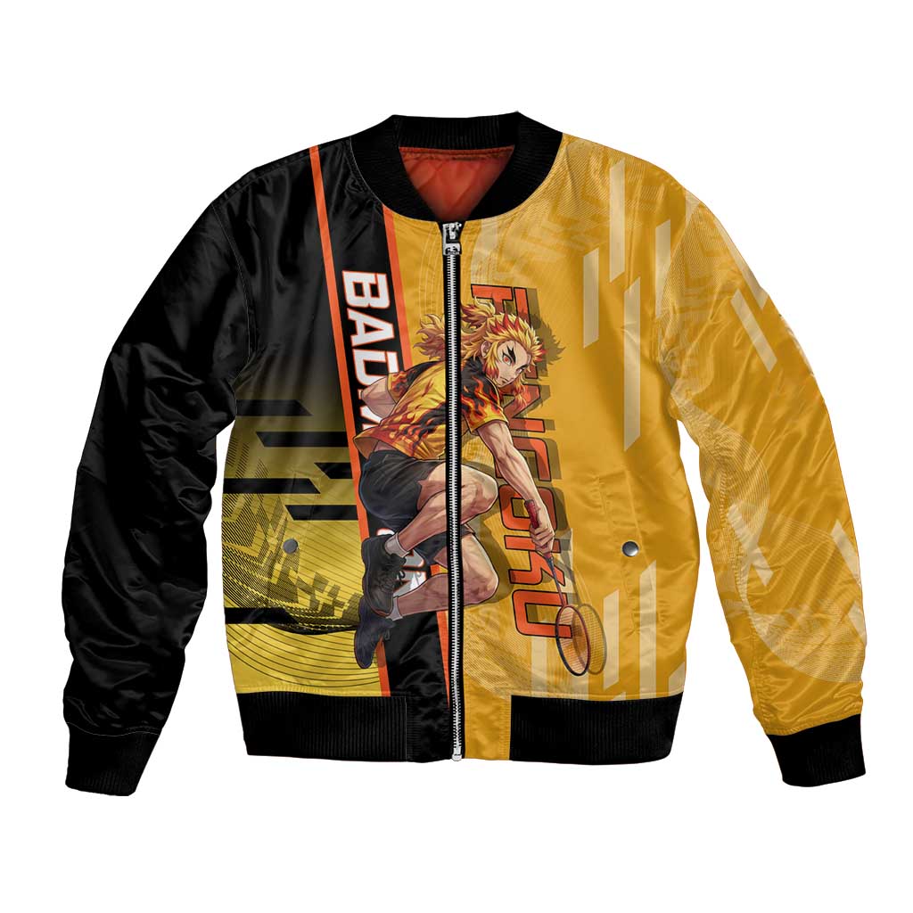 Personalized Rengoku Anime Badminton Theme Bomber Jacket with Racket Action Pose and Fiery Yellow Black Graphic Design - The Mazicc