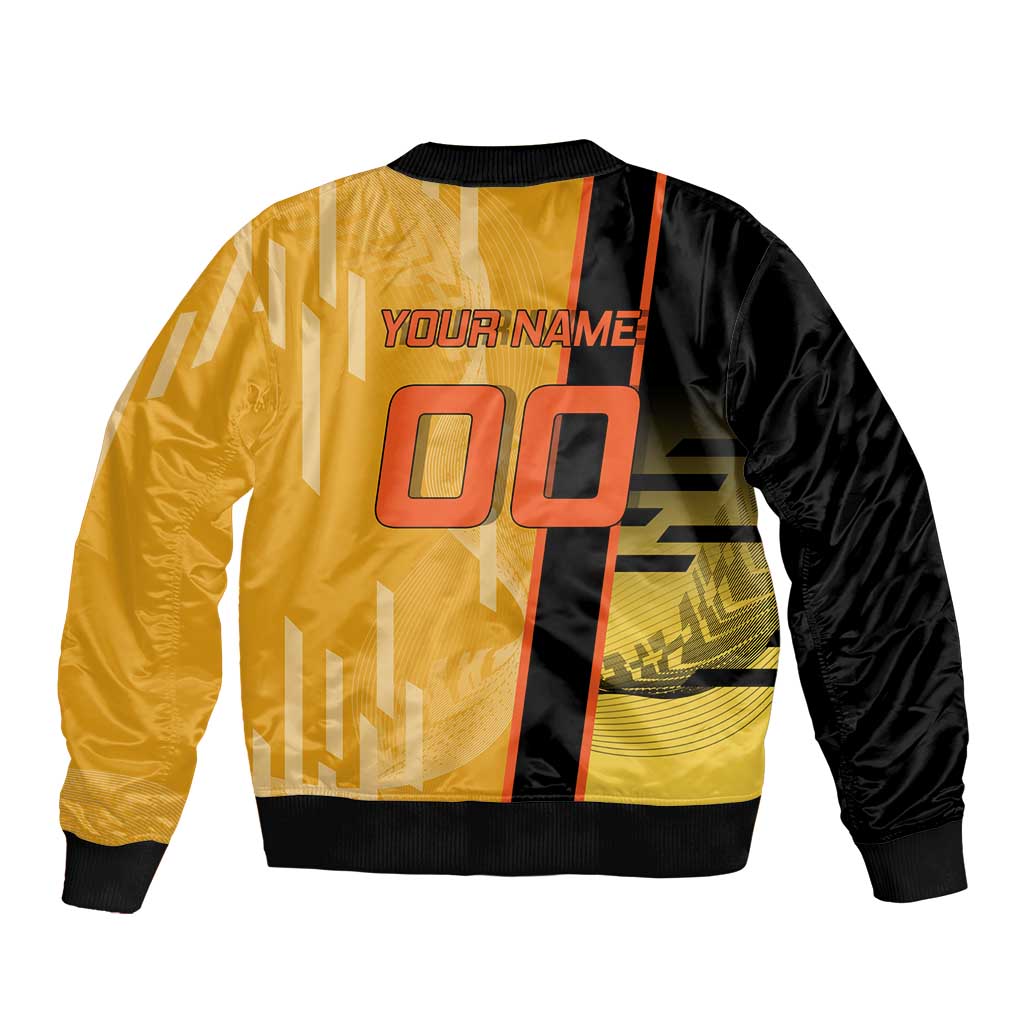 Personalized Rengoku Anime Badminton Theme Bomber Jacket with Racket Action Pose and Fiery Yellow Black Graphic Design - The Mazicc
