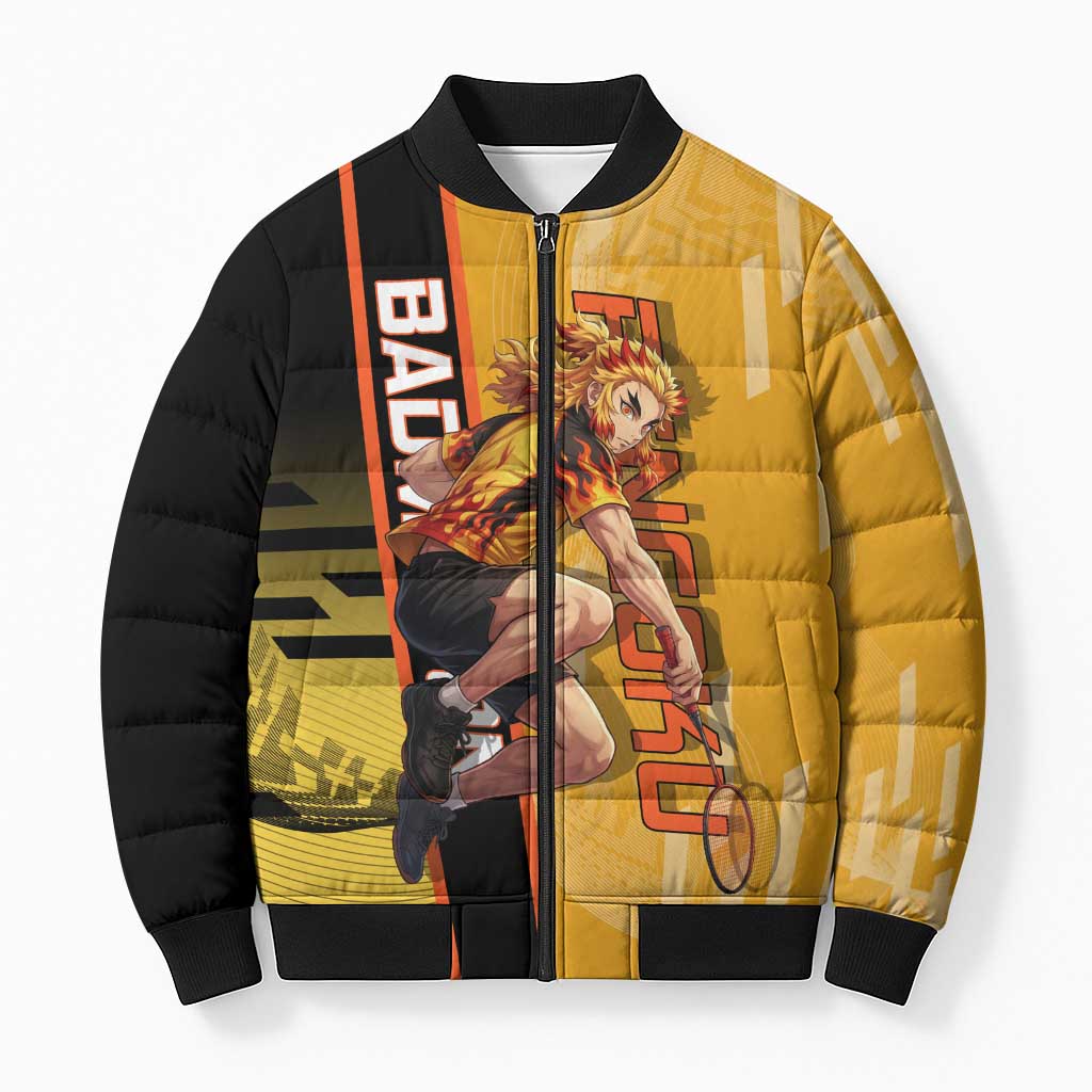 Personalized Rengoku Anime Badminton Theme Bomber Puffer Jacket with Racket Action Pose and Fiery Yellow Black Graphic Design - The Mazicc