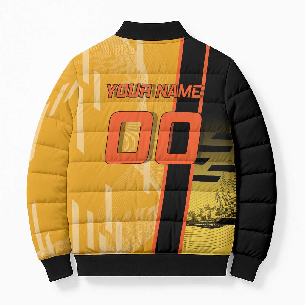 Personalized Rengoku Anime Badminton Theme Bomber Puffer Jacket with Racket Action Pose and Fiery Yellow Black Graphic Design - The Mazicc