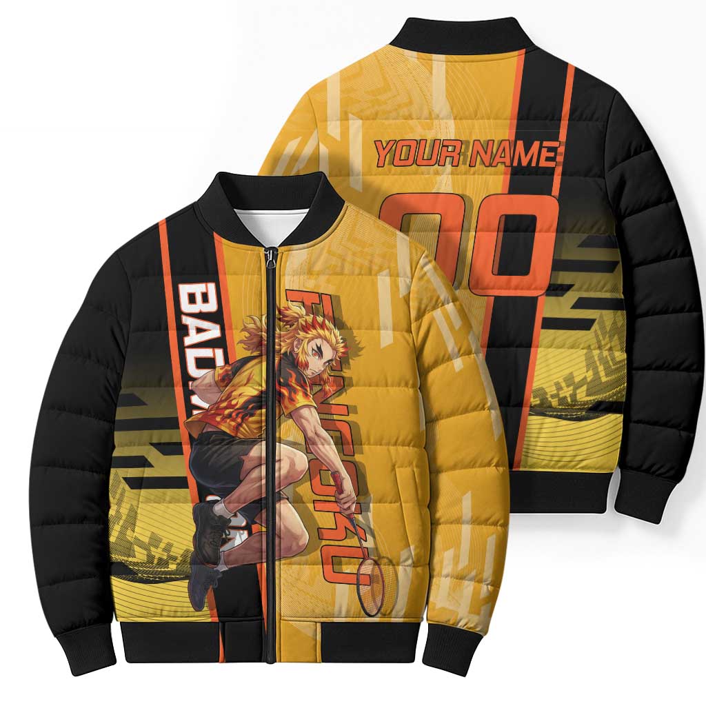 Personalized Rengoku Anime Badminton Theme Bomber Puffer Jacket with Racket Action Pose and Fiery Yellow Black Graphic Design - The Mazicc