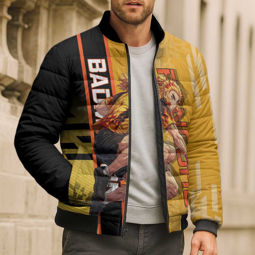 Personalized Rengoku Anime Badminton Theme Bomber Puffer Jacket with Racket Action Pose and Fiery Yellow Black Graphic Design - The Mazicc