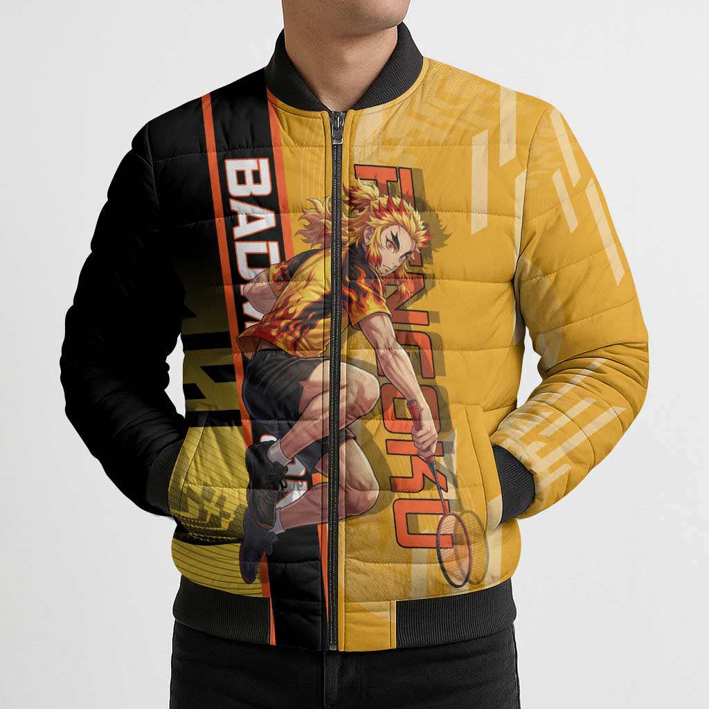 Personalized Rengoku Anime Badminton Theme Bomber Puffer Jacket with Racket Action Pose and Fiery Yellow Black Graphic Design - The Mazicc