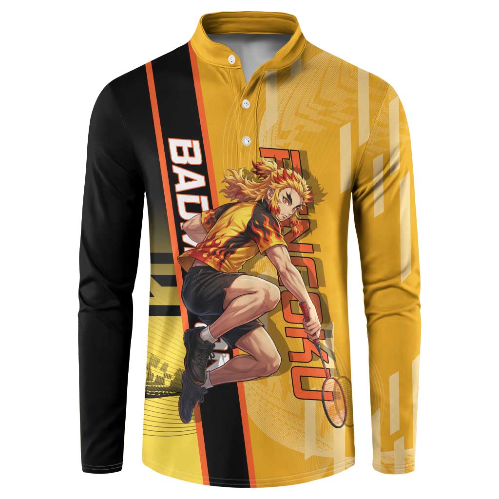 Personalized Rengoku Anime Badminton Theme Button Sweatshirt with Racket Action Pose and Fiery Yellow Black Graphic Design - The Mazicc