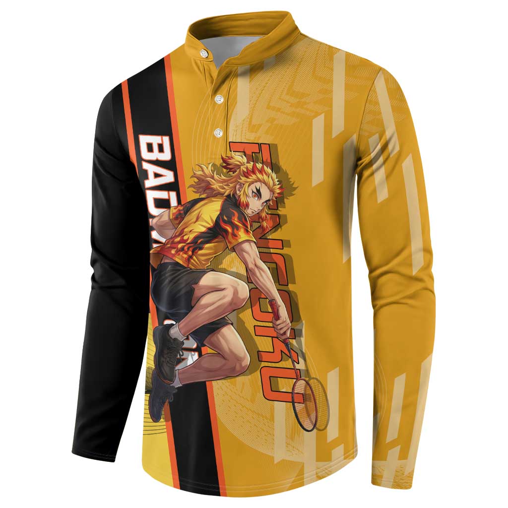 Personalized Rengoku Anime Badminton Theme Button Sweatshirt with Racket Action Pose and Fiery Yellow Black Graphic Design - The Mazicc
