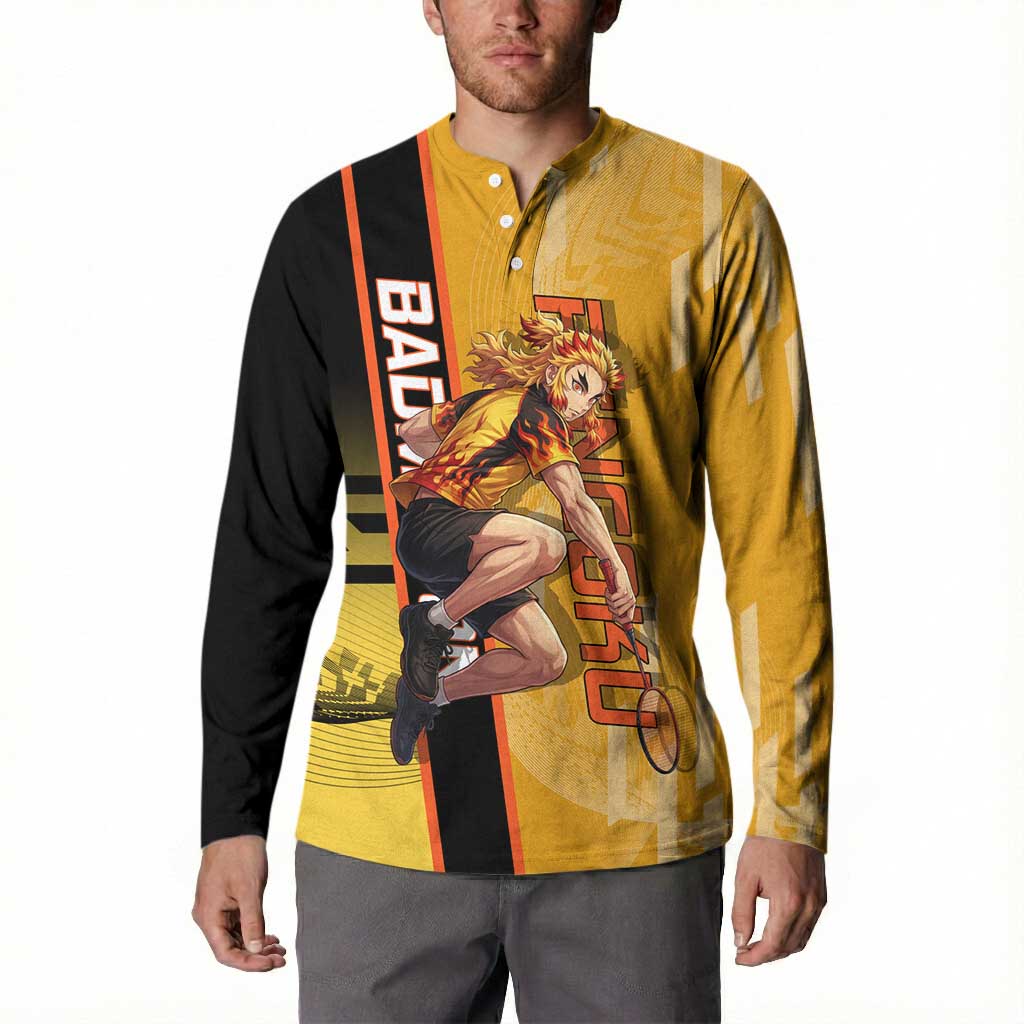 Personalized Rengoku Anime Badminton Theme Button Sweatshirt with Racket Action Pose and Fiery Yellow Black Graphic Design - The Mazicc