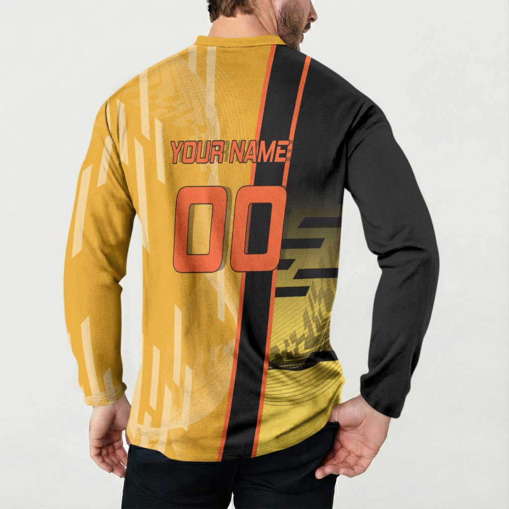 Personalized Rengoku Anime Badminton Theme Button Sweatshirt with Racket Action Pose and Fiery Yellow Black Graphic Design - The Mazicc