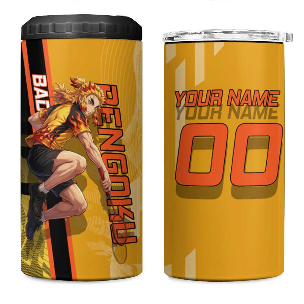Personalized Rengoku Anime Badminton Theme 4 in 1 Can Cooler Tumbler with Racket Action Pose and Fiery Yellow Black Graphic Design - The Mazicc