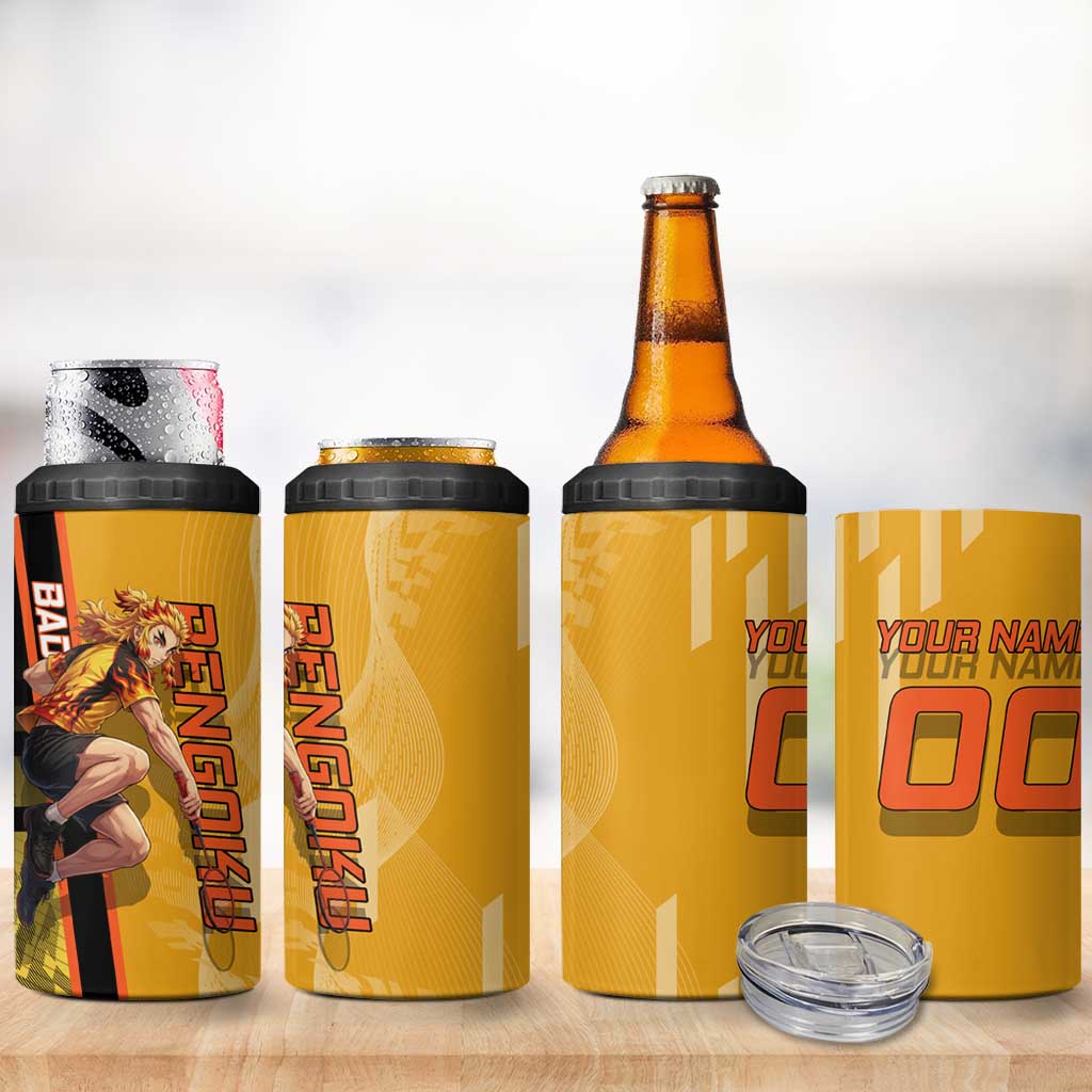 Personalized Rengoku Anime Badminton Theme 4 in 1 Can Cooler Tumbler with Racket Action Pose and Fiery Yellow Black Graphic Design - The Mazicc