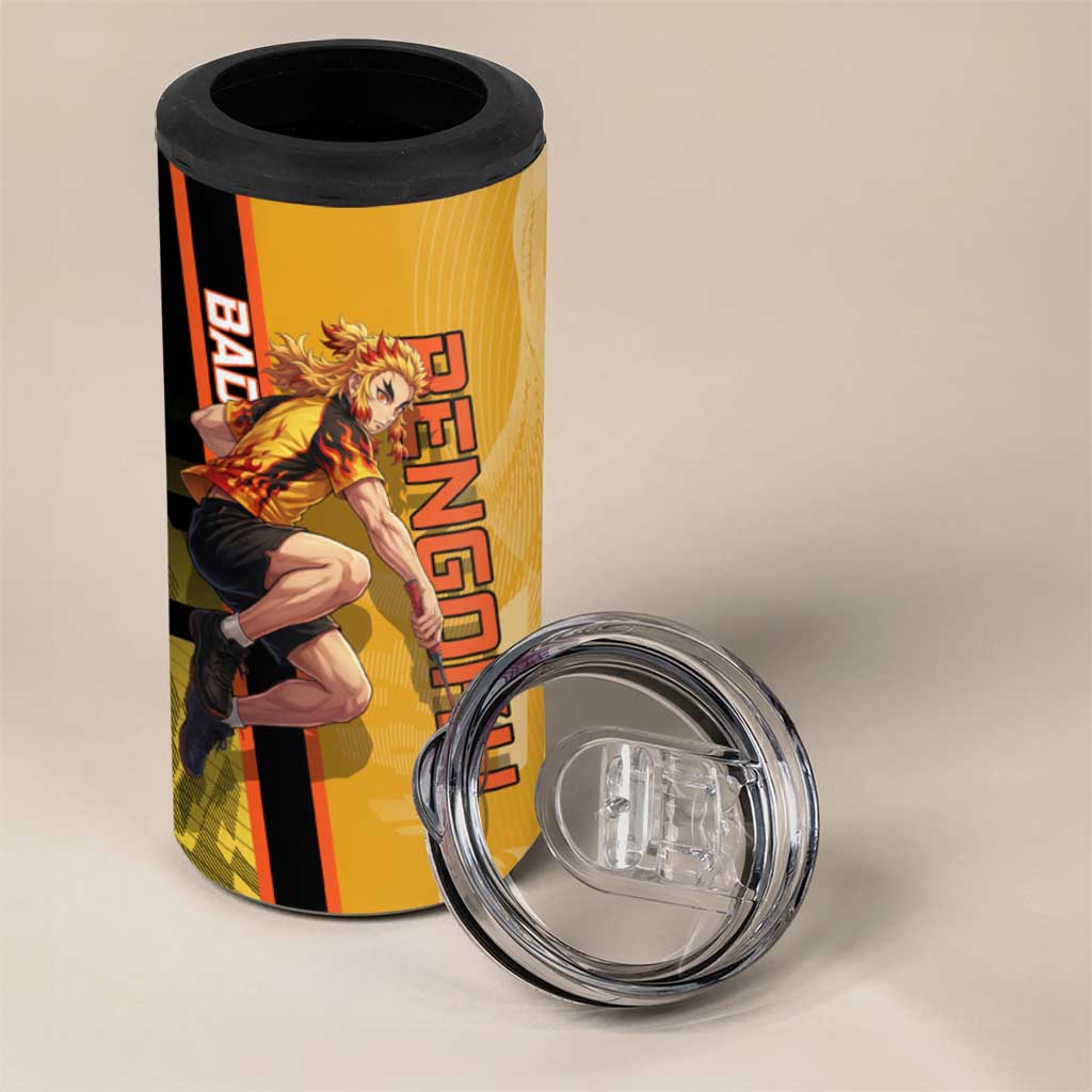 Personalized Rengoku Anime Badminton Theme 4 in 1 Can Cooler Tumbler with Racket Action Pose and Fiery Yellow Black Graphic Design - The Mazicc