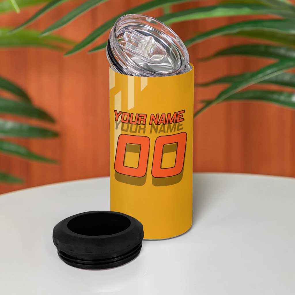 Personalized Rengoku Anime Badminton Theme 4 in 1 Can Cooler Tumbler with Racket Action Pose and Fiery Yellow Black Graphic Design - The Mazicc