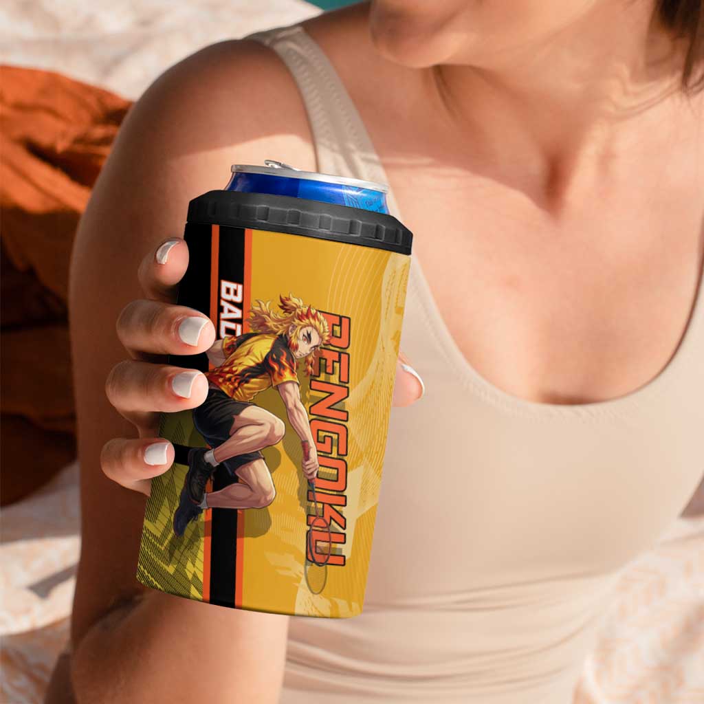 Personalized Rengoku Anime Badminton Theme 4 in 1 Can Cooler Tumbler with Racket Action Pose and Fiery Yellow Black Graphic Design - The Mazicc