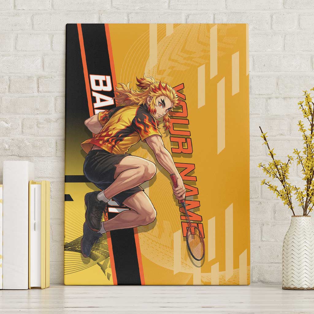 Personalized Rengoku Anime Badminton Theme Canvas Wall Art with Racket Action Pose and Fiery Yellow Black Graphic Design - The Mazicc
