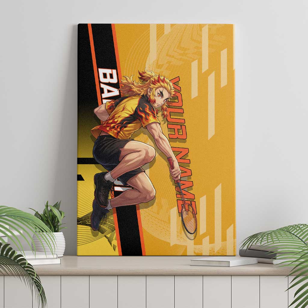 Personalized Rengoku Anime Badminton Theme Canvas Wall Art with Racket Action Pose and Fiery Yellow Black Graphic Design - The Mazicc