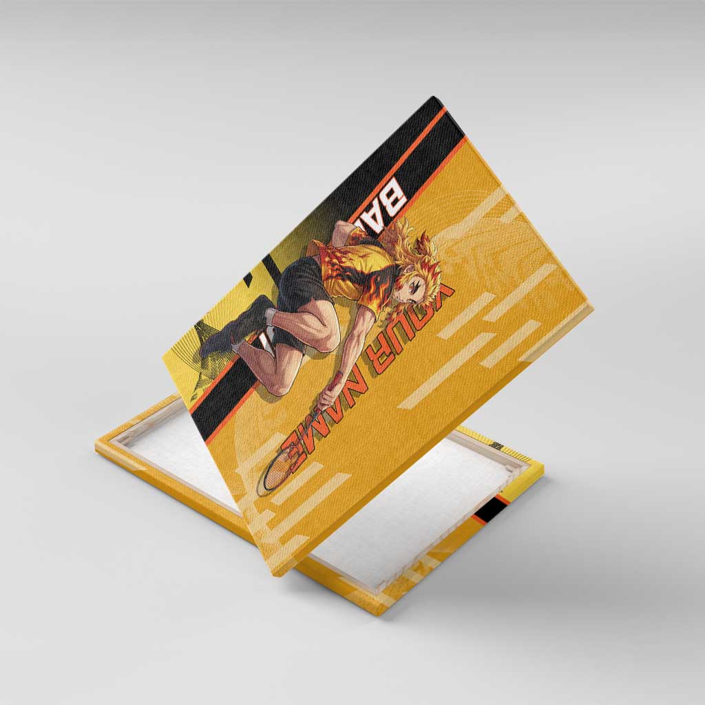 Personalized Rengoku Anime Badminton Theme Canvas Wall Art with Racket Action Pose and Fiery Yellow Black Graphic Design - The Mazicc
