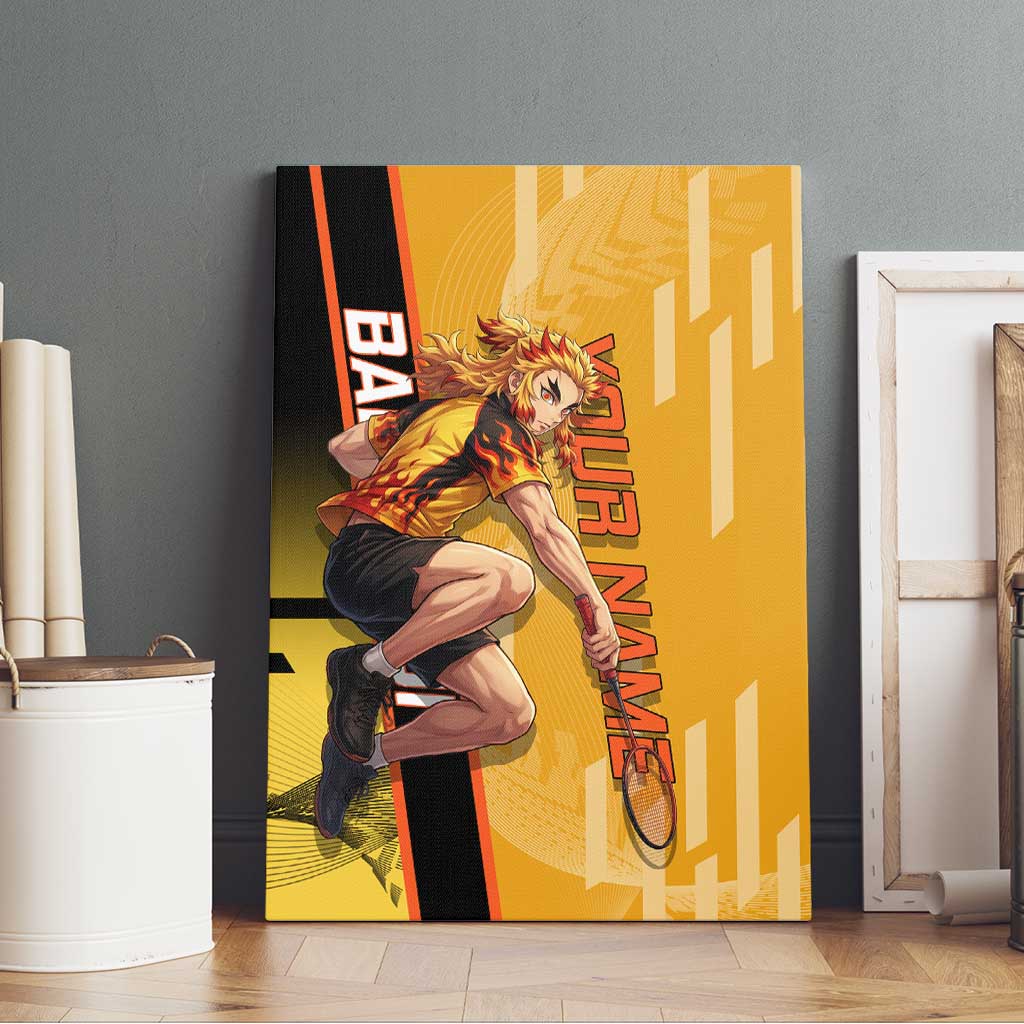 Personalized Rengoku Anime Badminton Theme Canvas Wall Art with Racket Action Pose and Fiery Yellow Black Graphic Design - The Mazicc