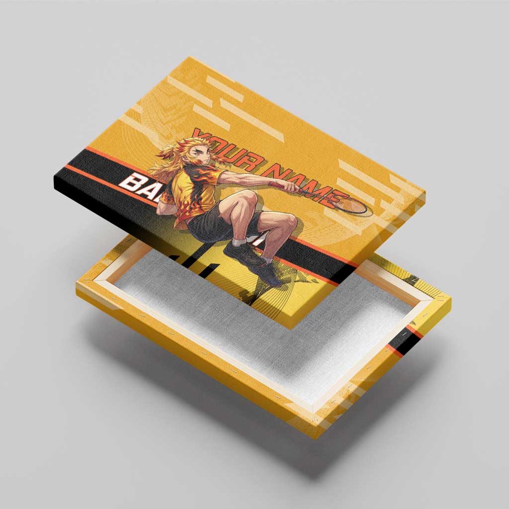 Personalized Rengoku Anime Badminton Theme Canvas Wall Art with Racket Action Pose and Fiery Yellow Black Graphic Design - The Mazicc