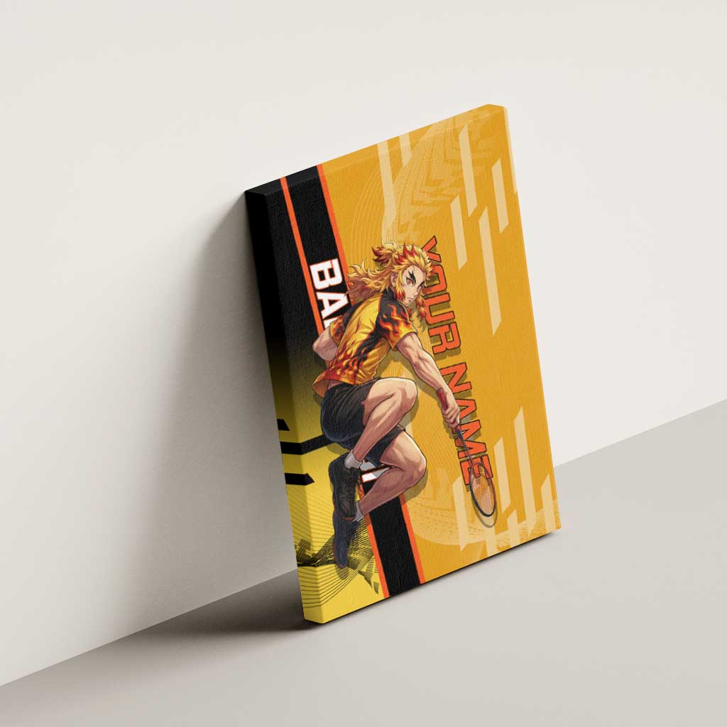 Personalized Rengoku Anime Badminton Theme Canvas Wall Art with Racket Action Pose and Fiery Yellow Black Graphic Design - The Mazicc