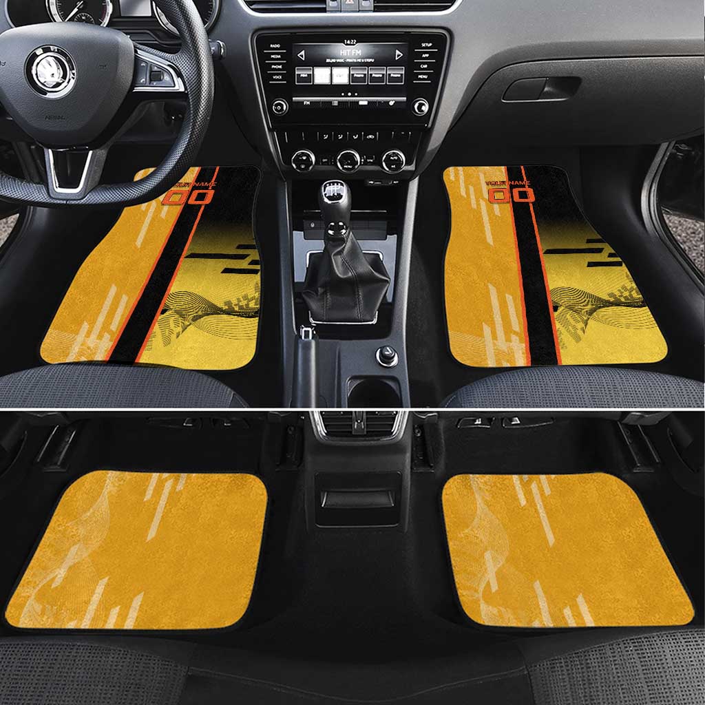Personalized Rengoku Anime Badminton Theme Car Mats with Racket Action Pose and Fiery Yellow Black Graphic Design - The Mazicc