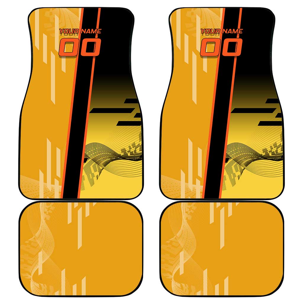 Personalized Rengoku Anime Badminton Theme Car Mats with Racket Action Pose and Fiery Yellow Black Graphic Design - The Mazicc