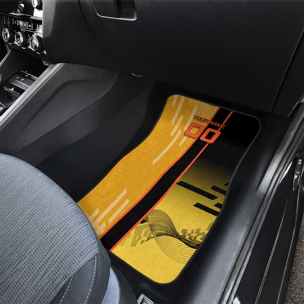 Personalized Rengoku Anime Badminton Theme Car Mats with Racket Action Pose and Fiery Yellow Black Graphic Design - The Mazicc