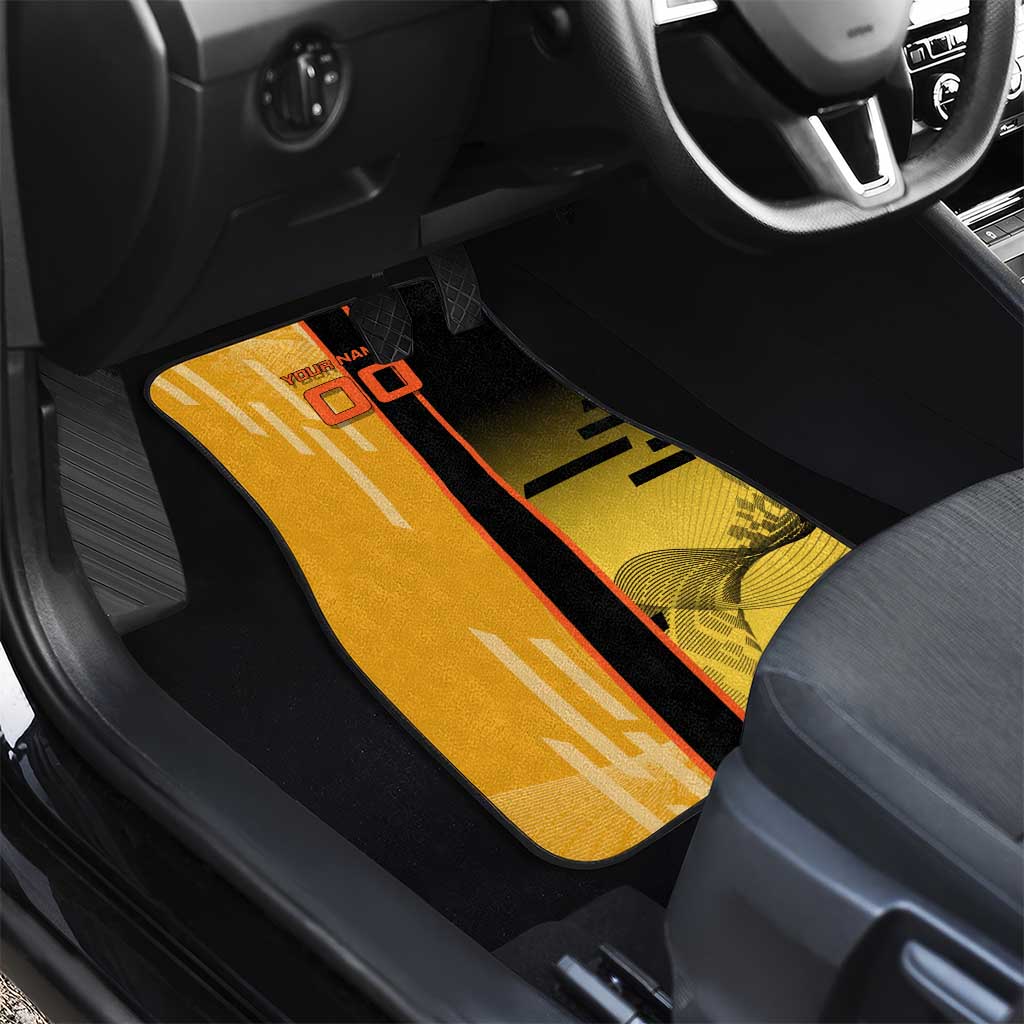 Personalized Rengoku Anime Badminton Theme Car Mats with Racket Action Pose and Fiery Yellow Black Graphic Design - The Mazicc