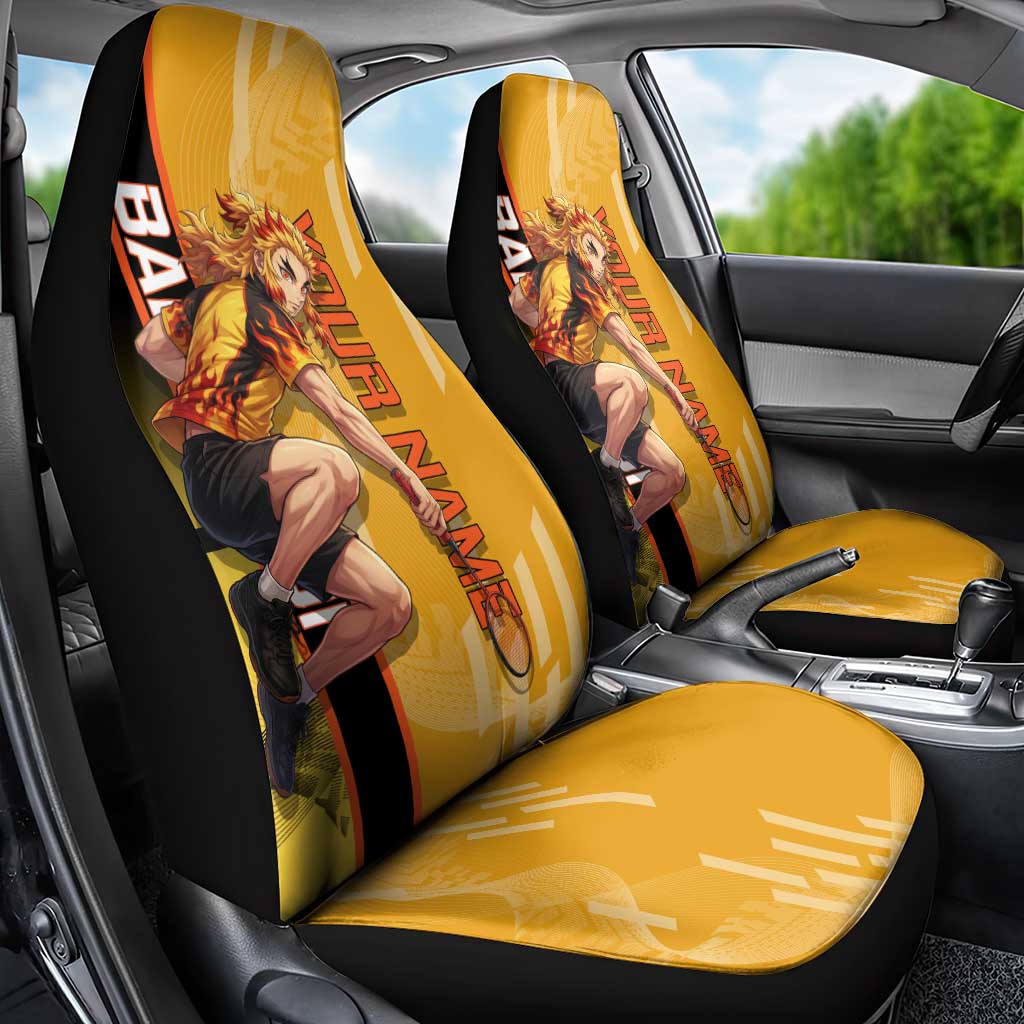 Personalized Rengoku Anime Badminton Theme Car Seat Cover with Racket Action Pose and Fiery Yellow Black Graphic Design - The Mazicc