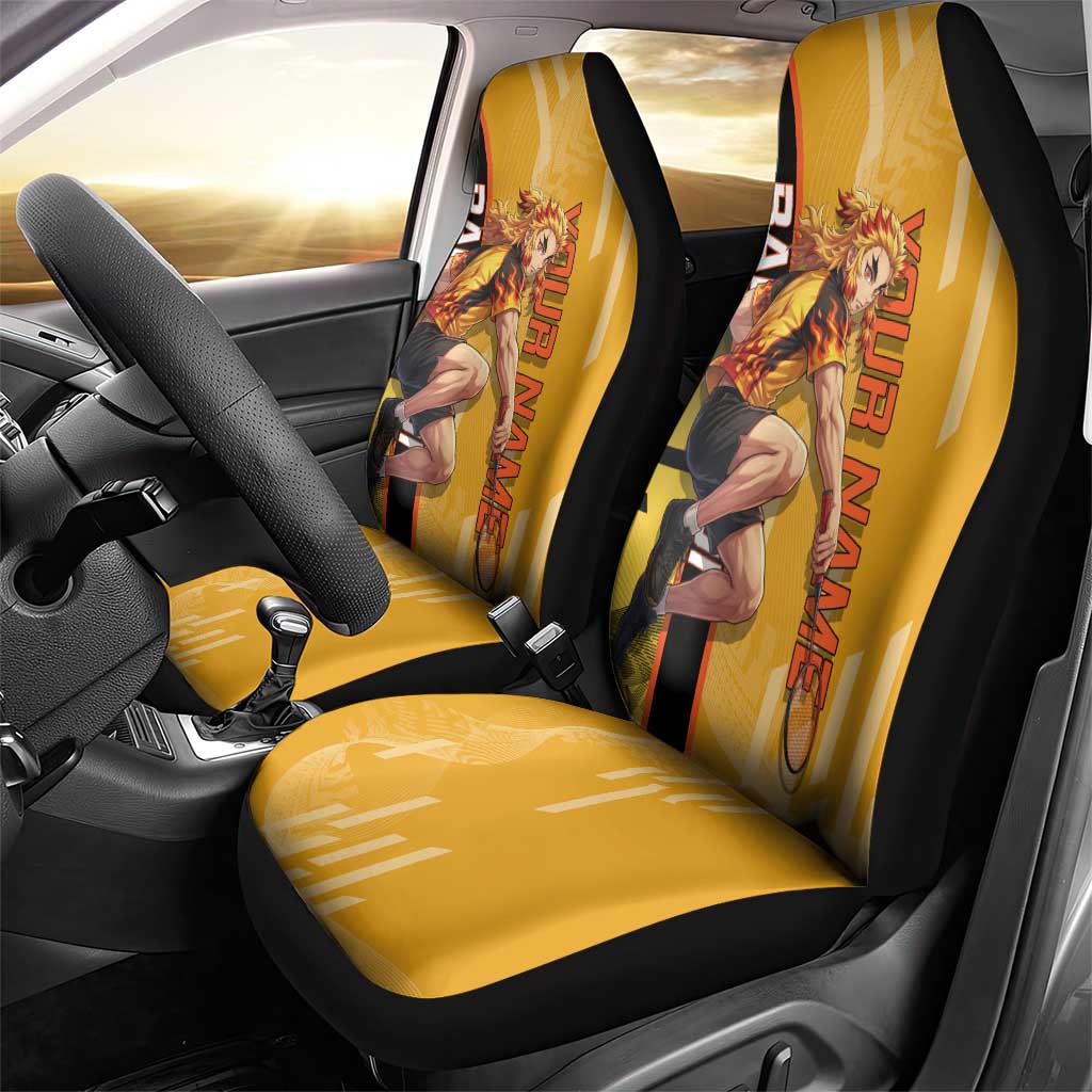 Personalized Rengoku Anime Badminton Theme Car Seat Cover with Racket Action Pose and Fiery Yellow Black Graphic Design - The Mazicc