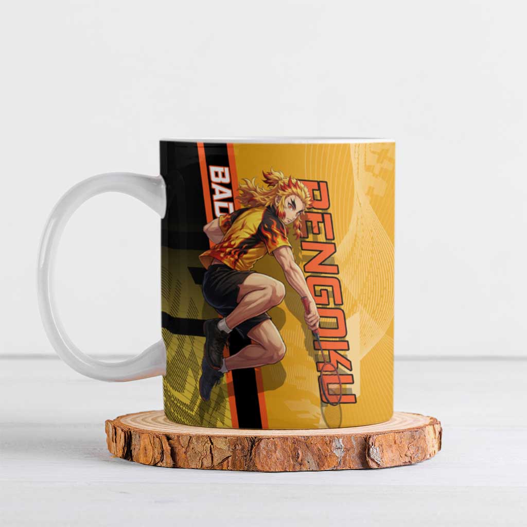Personalized Rengoku Anime Badminton Theme Ceramic Mug with Racket Action Pose and Fiery Yellow Black Graphic Design - The Mazicc