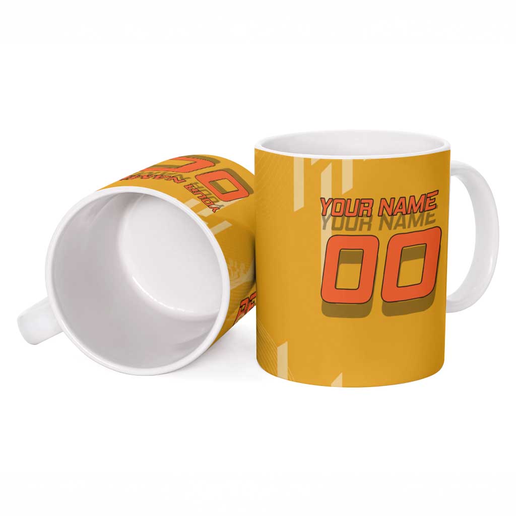 Personalized Rengoku Anime Badminton Theme Ceramic Mug with Racket Action Pose and Fiery Yellow Black Graphic Design - The Mazicc