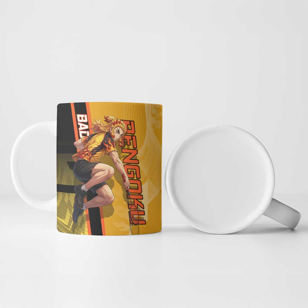Personalized Rengoku Anime Badminton Theme Ceramic Mug with Racket Action Pose and Fiery Yellow Black Graphic Design - The Mazicc
