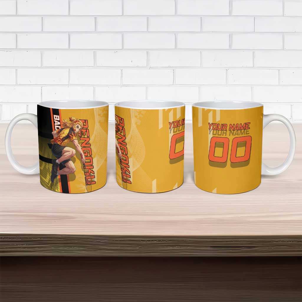 Personalized Rengoku Anime Badminton Theme Ceramic Mug with Racket Action Pose and Fiery Yellow Black Graphic Design - The Mazicc