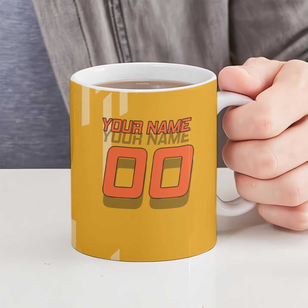 Personalized Rengoku Anime Badminton Theme Ceramic Mug with Racket Action Pose and Fiery Yellow Black Graphic Design - The Mazicc
