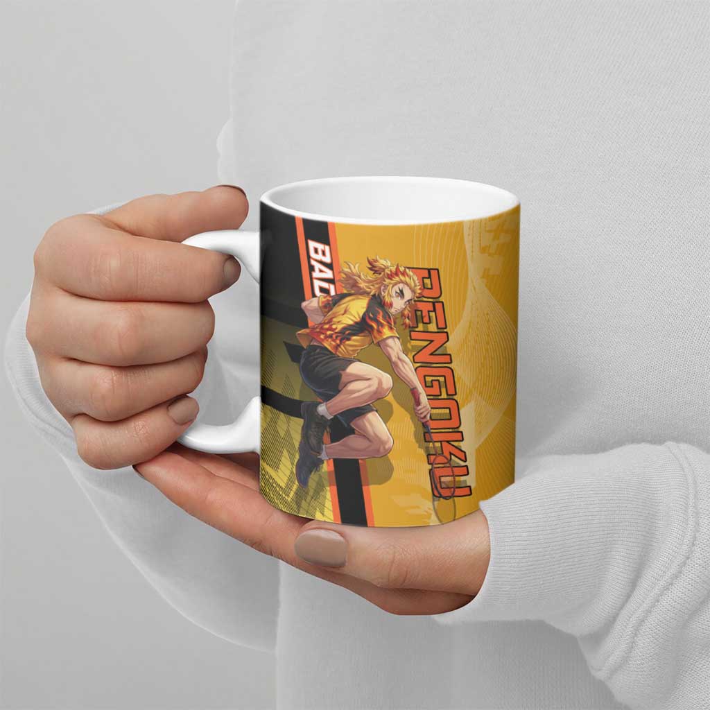 Personalized Rengoku Anime Badminton Theme Ceramic Mug with Racket Action Pose and Fiery Yellow Black Graphic Design - The Mazicc