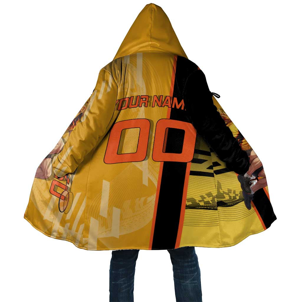 Personalized Rengoku Anime Badminton Theme Cloak with Racket Action Pose and Fiery Yellow Black Graphic Design - The Mazicc