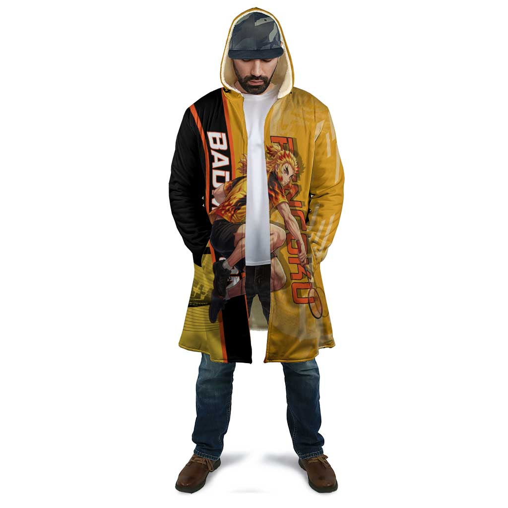 Personalized Rengoku Anime Badminton Theme Cloak with Racket Action Pose and Fiery Yellow Black Graphic Design - The Mazicc