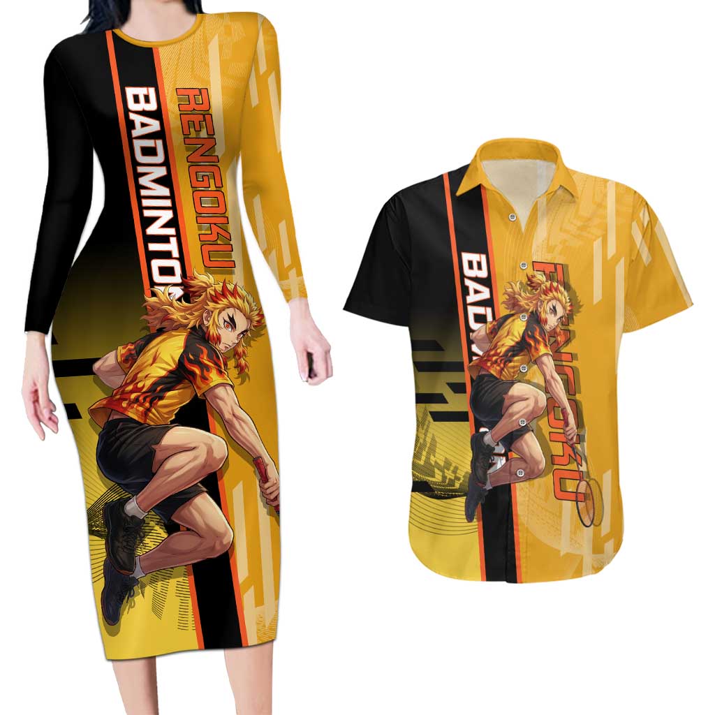 Personalized Rengoku Anime Badminton Theme Couples Matching Long Sleeve Bodycon Dress and Hawaiian Shirt with Racket Action Pose and Fiery Yellow Black Graphic Design - The Mazicc