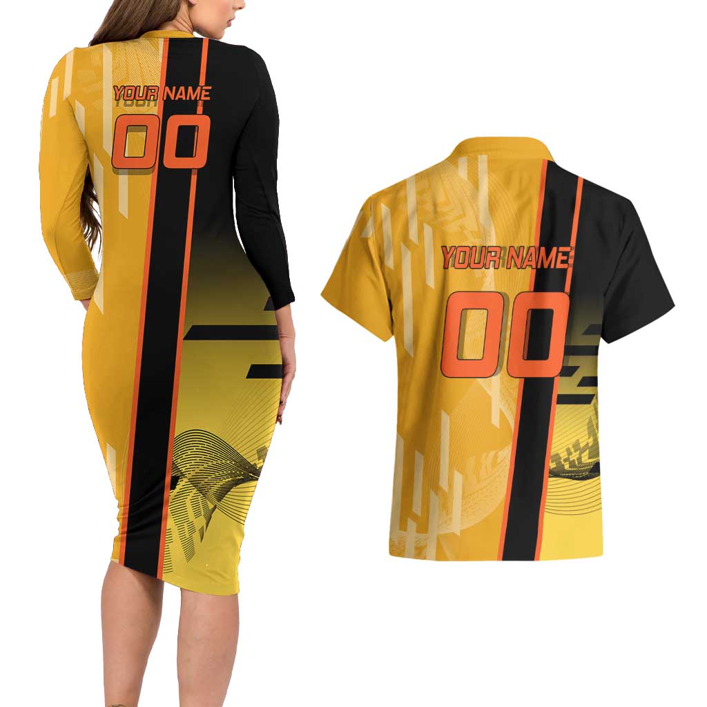 Personalized Rengoku Anime Badminton Theme Couples Matching Long Sleeve Bodycon Dress and Hawaiian Shirt with Racket Action Pose and Fiery Yellow Black Graphic Design - The Mazicc